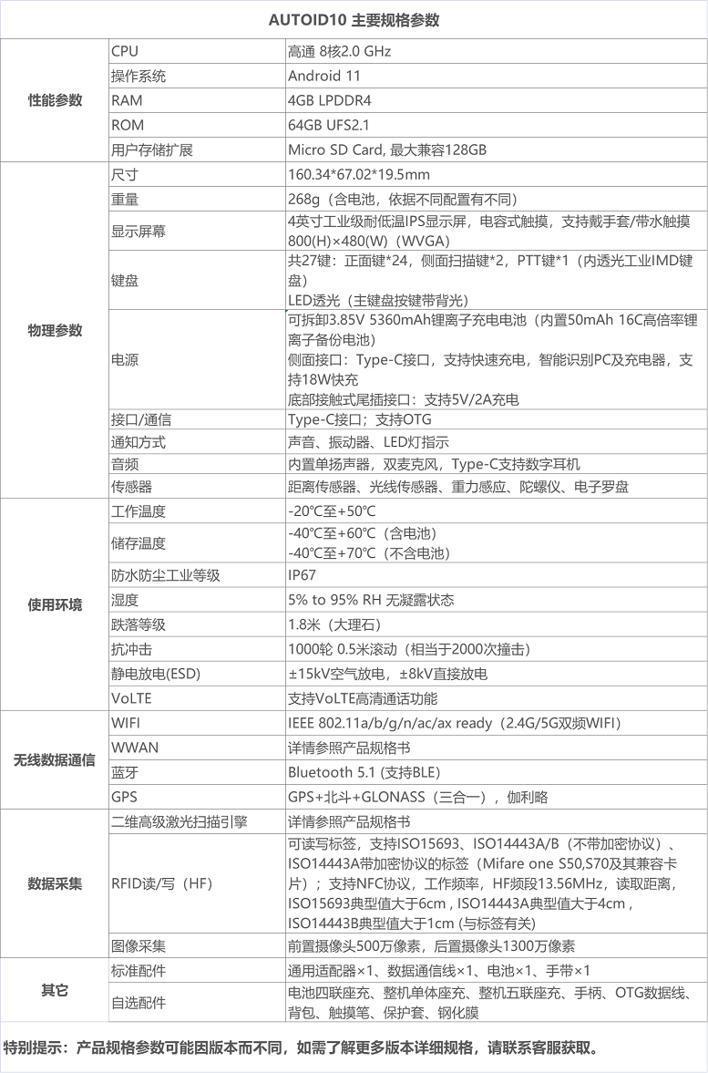 東大AUTOID 10工業級移動終端PDA參數圖