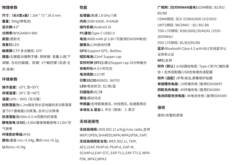 霍尼韋爾EDA51K安卓倉庫手持終端詳細參數