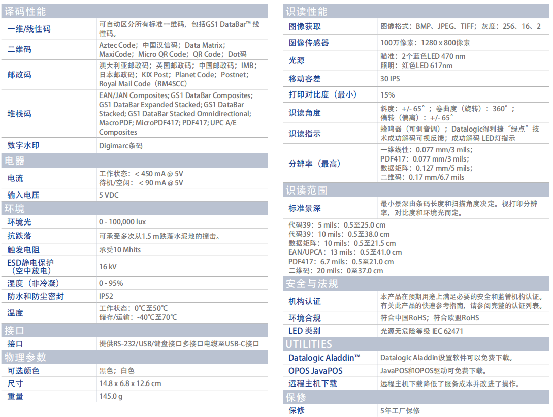 Datalogic掃描槍得利捷QuickScan QD2500手持式掃描槍參數